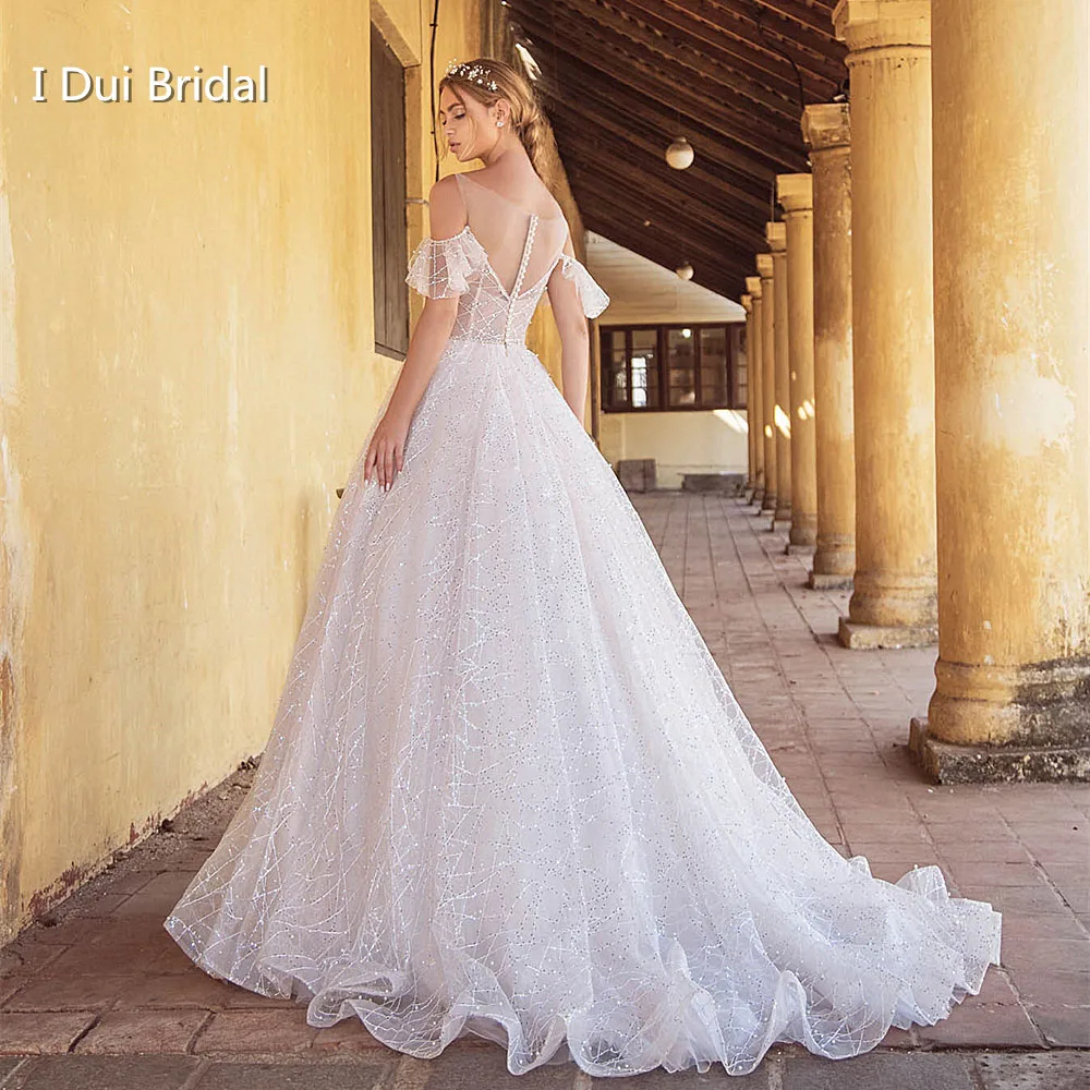 

Sequin Lace Sparkle Wedding Dress with Falling Sleeve A Line 2020 Popular Bridal Gown Custom Make