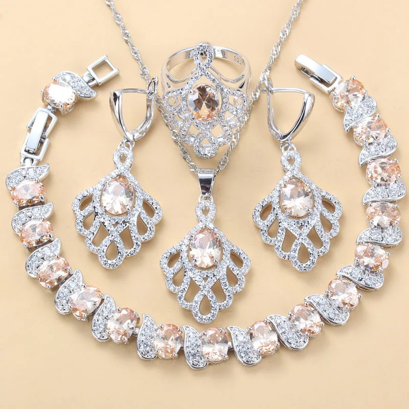 11 цветов стерлингового серебра 925 натуральный Синий Циркон Свадебные комплекты больших украшений висячие серьги ожерелье браслет кольцо женские наборы - Окраска металла: Champagne   4PCS