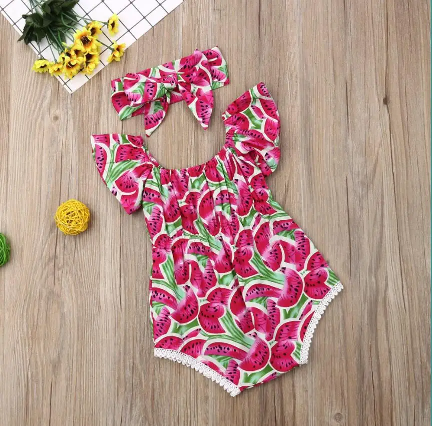 Кружевной комбинезон без рукавов с принтом арбуза для новорожденных девочек