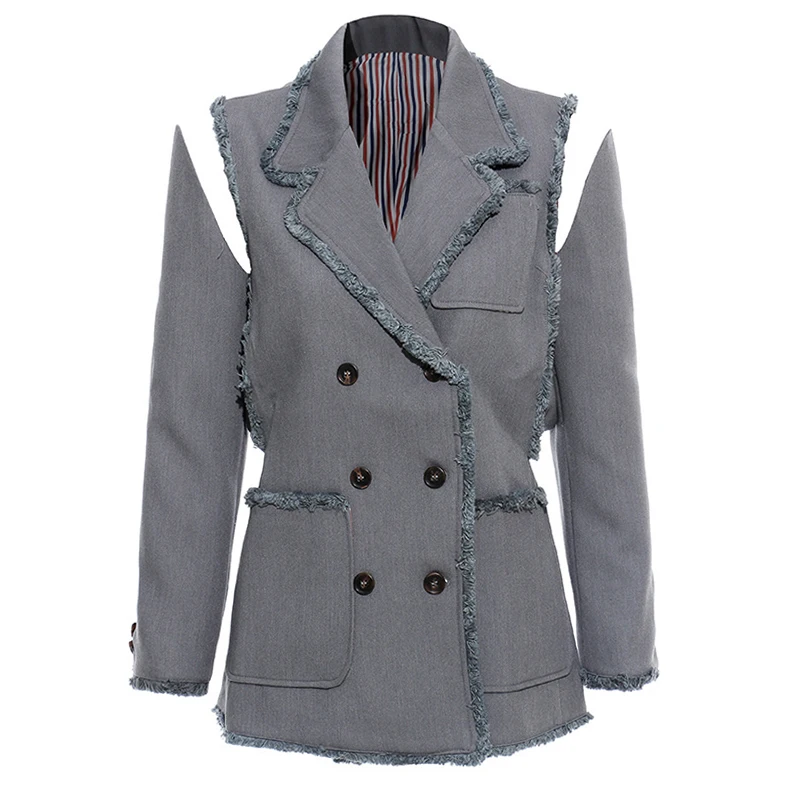 Женский двубортный блейзер с открытыми плечами необработанный бахромой в стиле