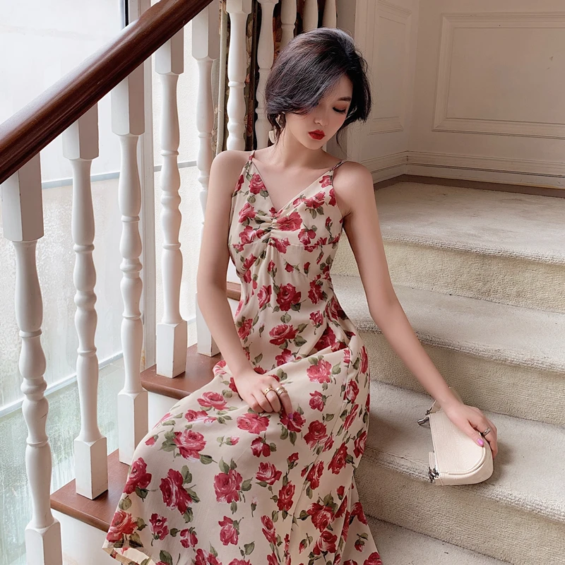 Летнее художественное ретро платье с цветочным принтом женское на талию тонкое