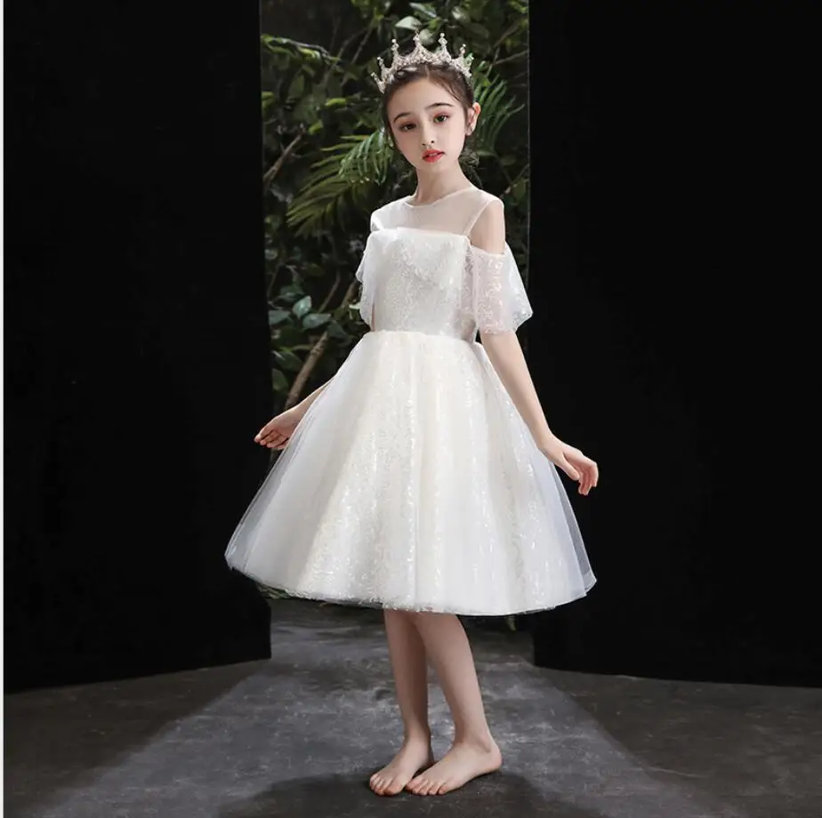 Летние белые кружевные Детские платья с блестками для торжеств Элегантные
