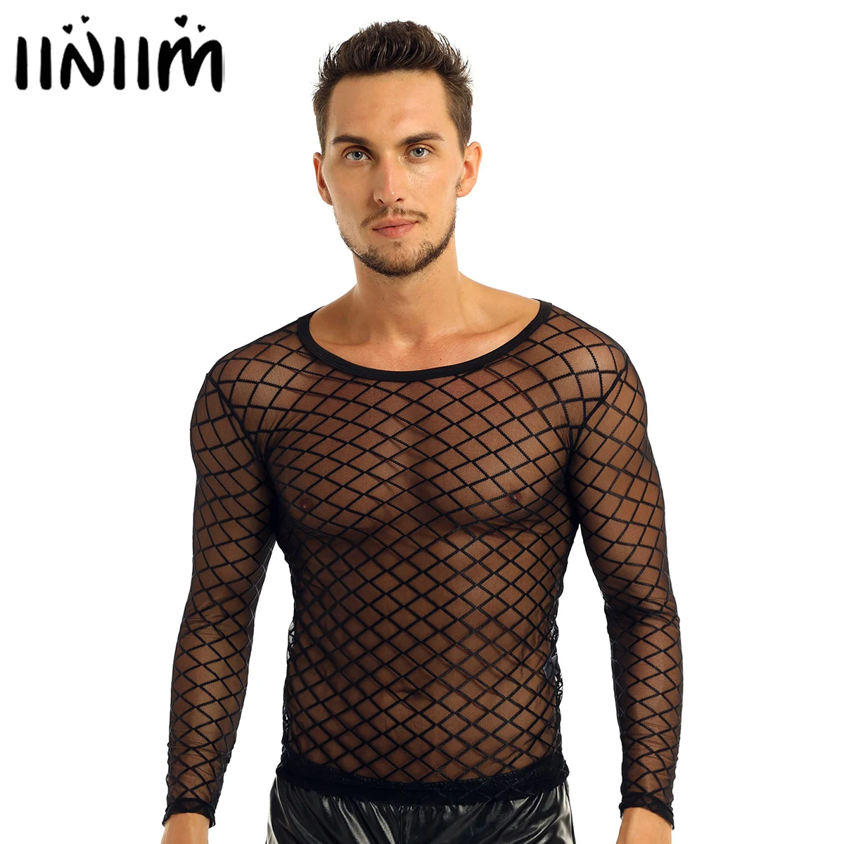 Прозрачная Футболка для мужчин ажурная с длинными рукавами показа мышц Клубная