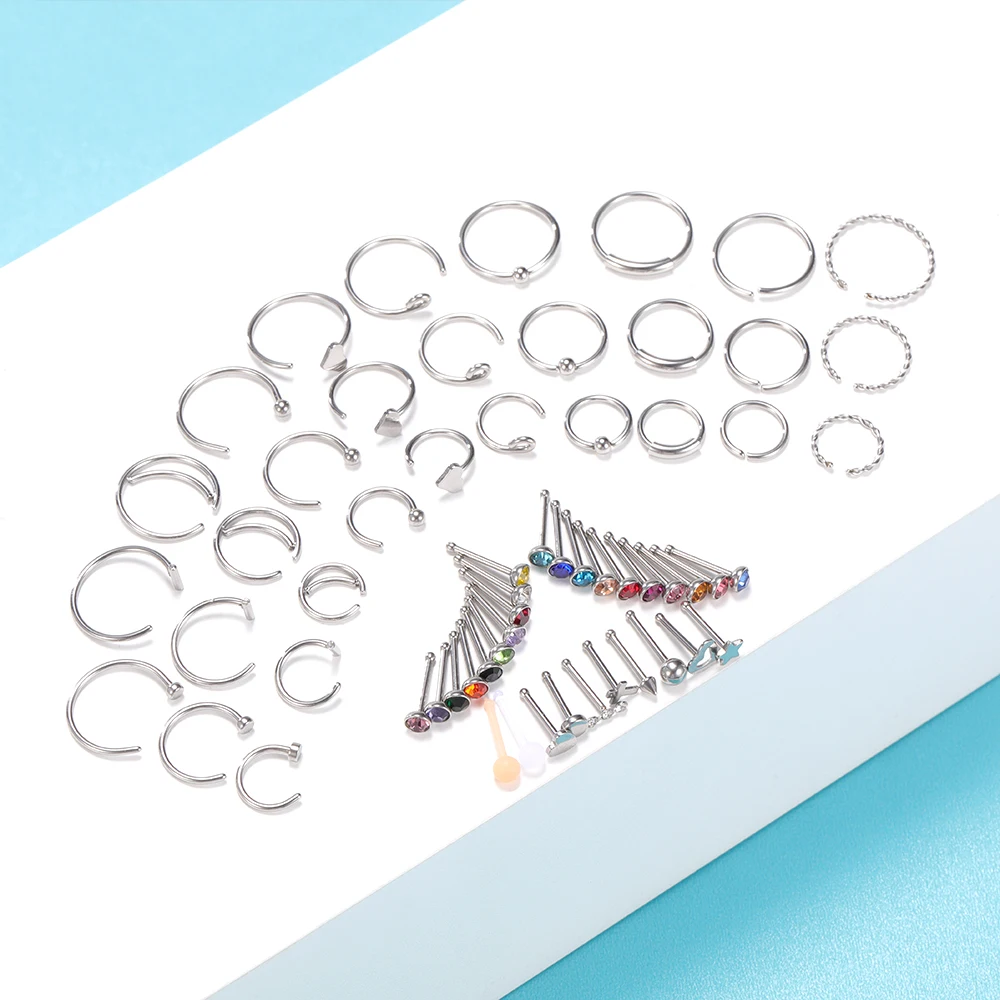 

ZS 60pcs/Lot Nose Piercing Rings Stainless Steel Nose Hoops 18G Straight Nose Studs CZ L Shape Nose Piercing Screw Shape Studs