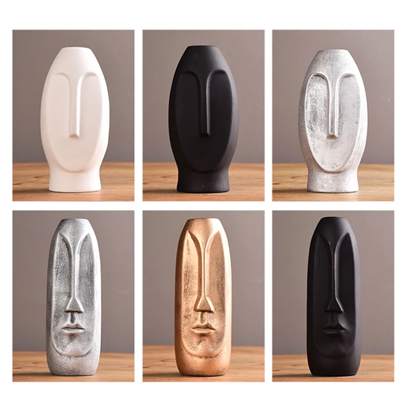 

3pcs Art Face Ceramic Vase Decoration Ornaments Creative White Black Avatar Abstract Human Head Modern Living Room Flower Shop