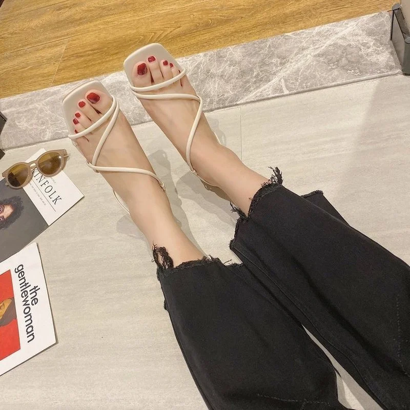 

2021 Square Sandals Toe Women's Summer New Style Sandals Women's Korean Mid-heel Sandals