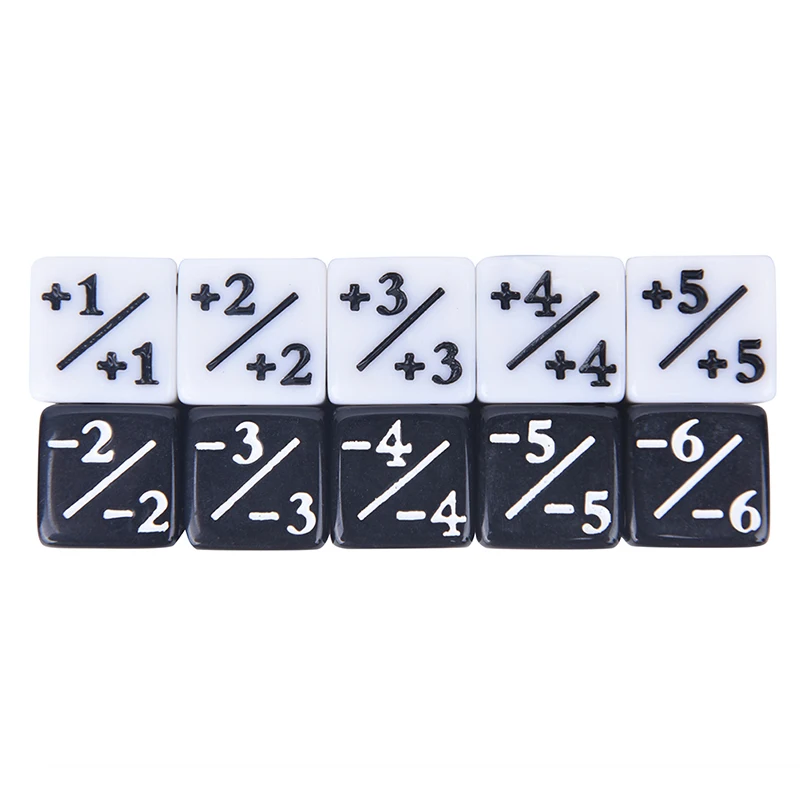 

Счетчики костей, 10 штук, 5 положительных + 1/+ 1 и 5 отрицательных-1/-1 для настольной игры Magic The Gathering