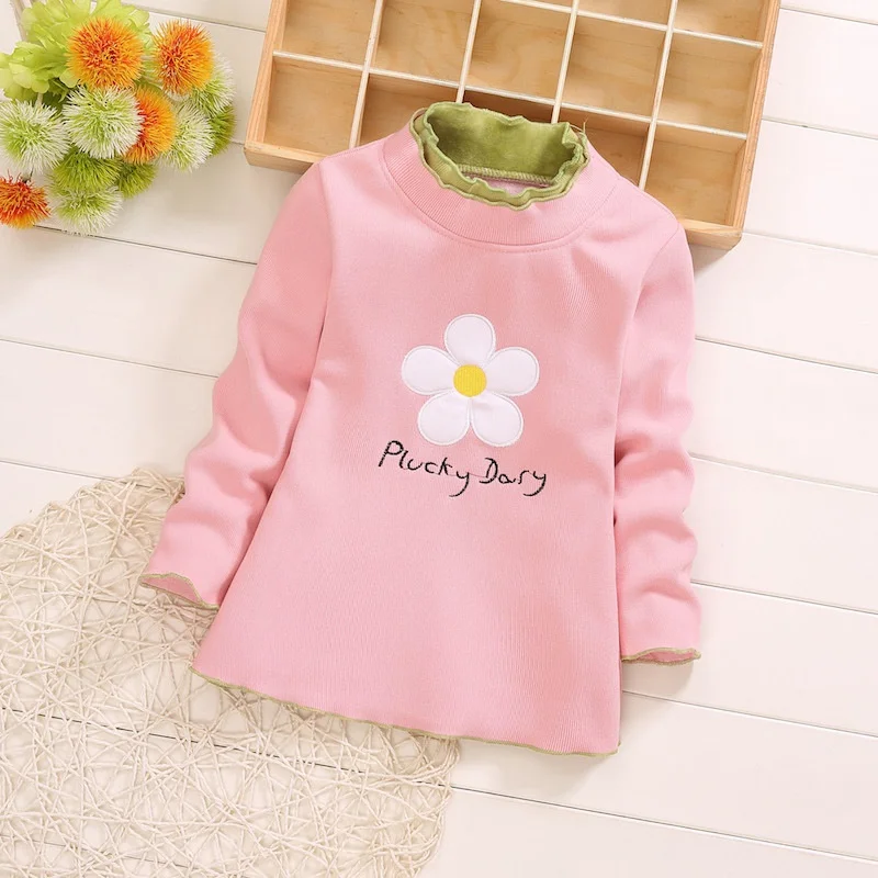 

Children Winter Plus Velvet Warm Print Wear T-Shirt Baby Girls Round Collar Long Sleeved Cotton Casual T-Shirts