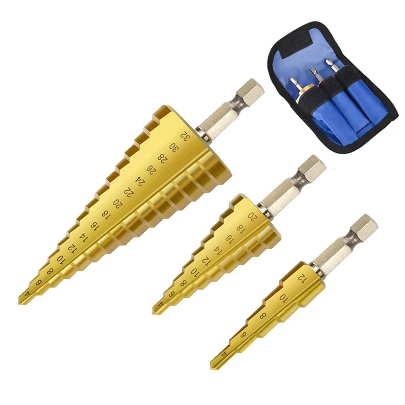 Step Drill Bit 3-12mm 4-12mm 4-20mm 4-32mm HSS Straight Groove Titanium Coated Wood Metal Hole Cutter Drilling Power Tools Set |