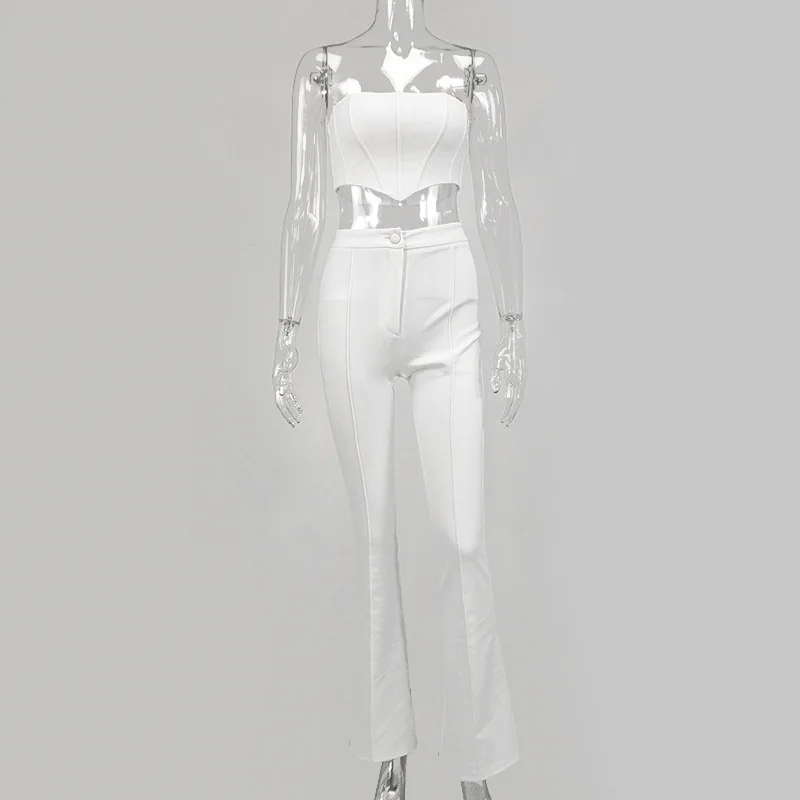

Sexy White Zipper Crop Top And Long Pants Two Piece Set Women Strapless Zipper Matching Set Pants Summer 2 Piece Clothing