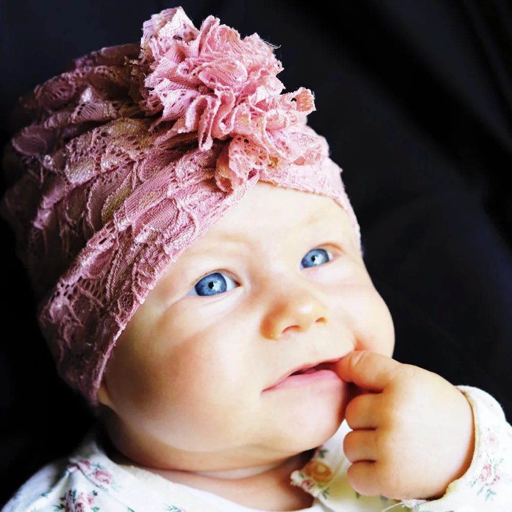

Lace Flower Print Hat for Newborn Baby Girls Infant Bebes Hospital Hats Solid Color Cockscomb Elastic Cap Head Hoop Baby Beanie