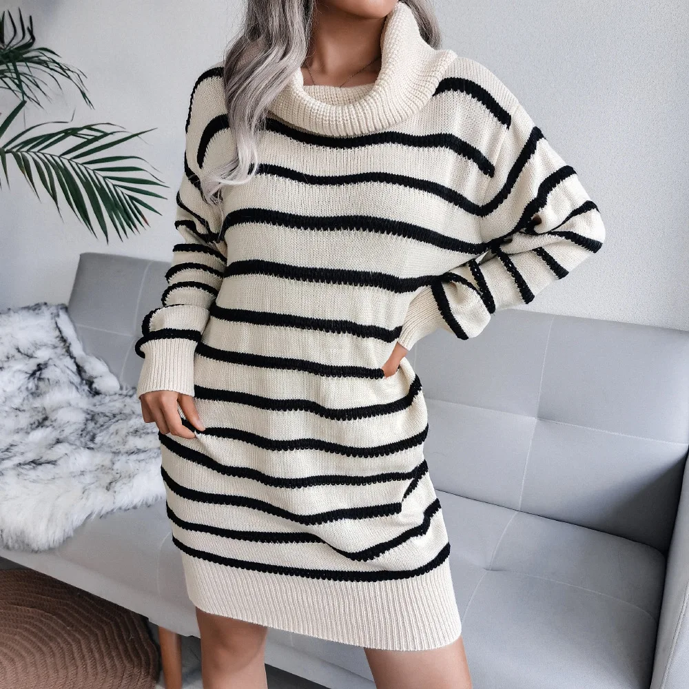 

2021 New Autumn and Winter Women's Fashion High Neck Black and White Striped Sweater Casual Pullover Long Sleeve Knitted Dress