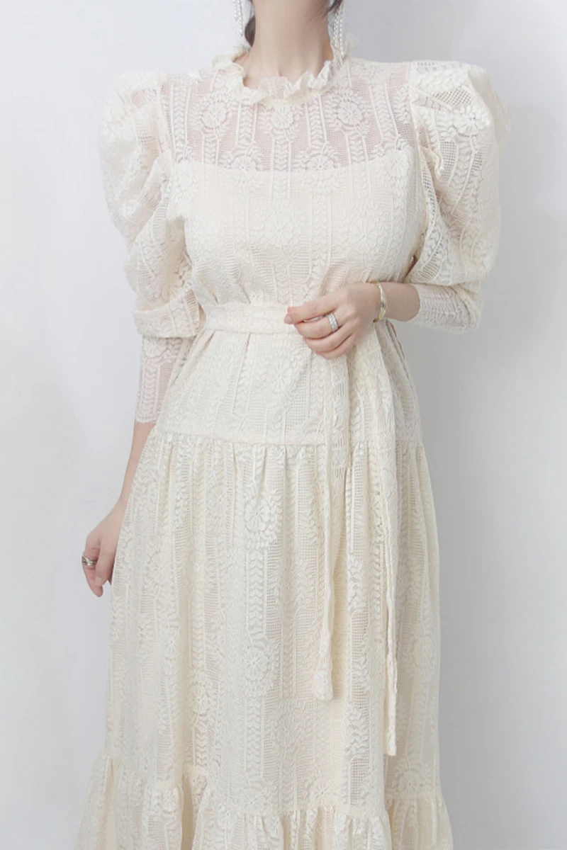 

ZOSOL Korean-Style Chic Elegant Court Style Stand Collar Lace Crocheted High Waist Strap Transparent Puff Sleeve Dress