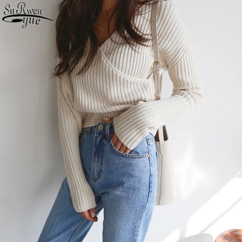 

V-neck Thicken Casual Pullover Stripe Knitted Sweaters 2021 Autumn and Winter Women Sweater Korean Cross-Shoulder Sweater 10527