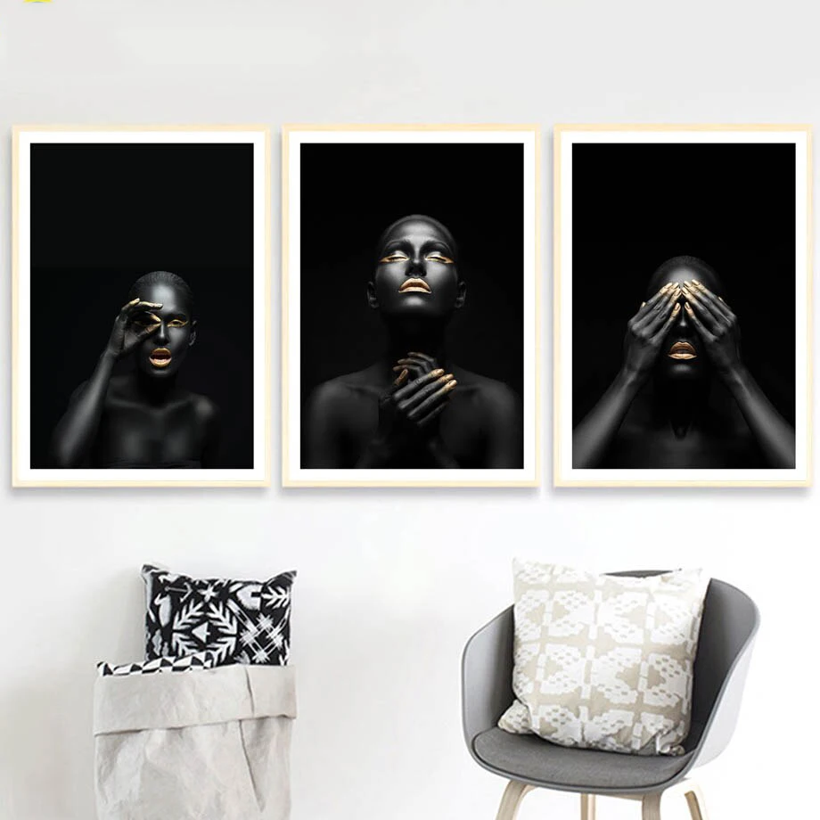Современный фотопостер черная сексуальная девушка губы Золотая фотография