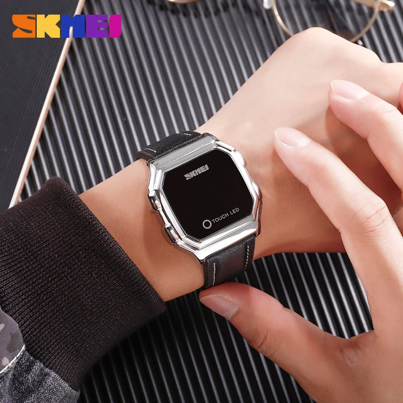 SKMEI LED Touch часы Цифровые мужские черные кожаные 3D креативный дисплей времени Дата