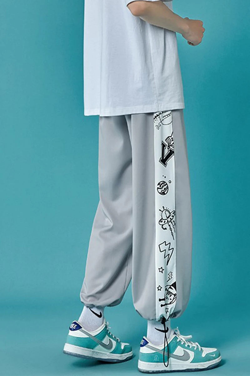 

Men's Summer Thin PU Shuai Versatile Loose Trendy Sports Pants Drawstring Ankle-Tied Cropped Casual Pants