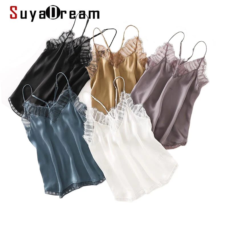 

SuyaDream Women Silk Camisole 100%silk and Lace Chic Camis 2021 Spring Summer Solid Bottoming Shirt