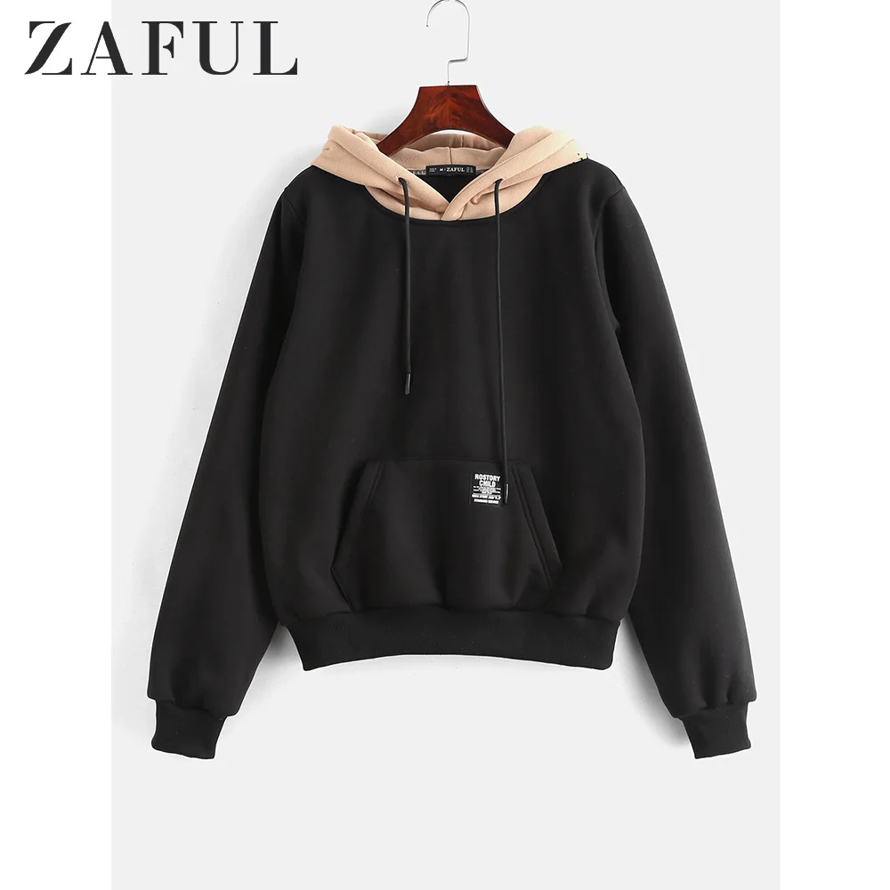 ZAFUL контрастный капюшон передний карман флисовая толстовка с длинным рукавом для женщин с буквенным принтом на молнии толстовки уличная осень зима