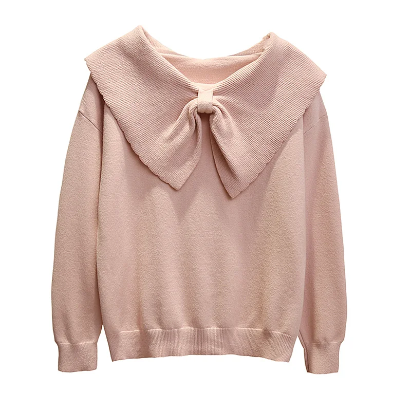 

lapel bow Pullover Sweater for women autumn / winter 2019 new loose round neck long sleeve bottom knitted top for women