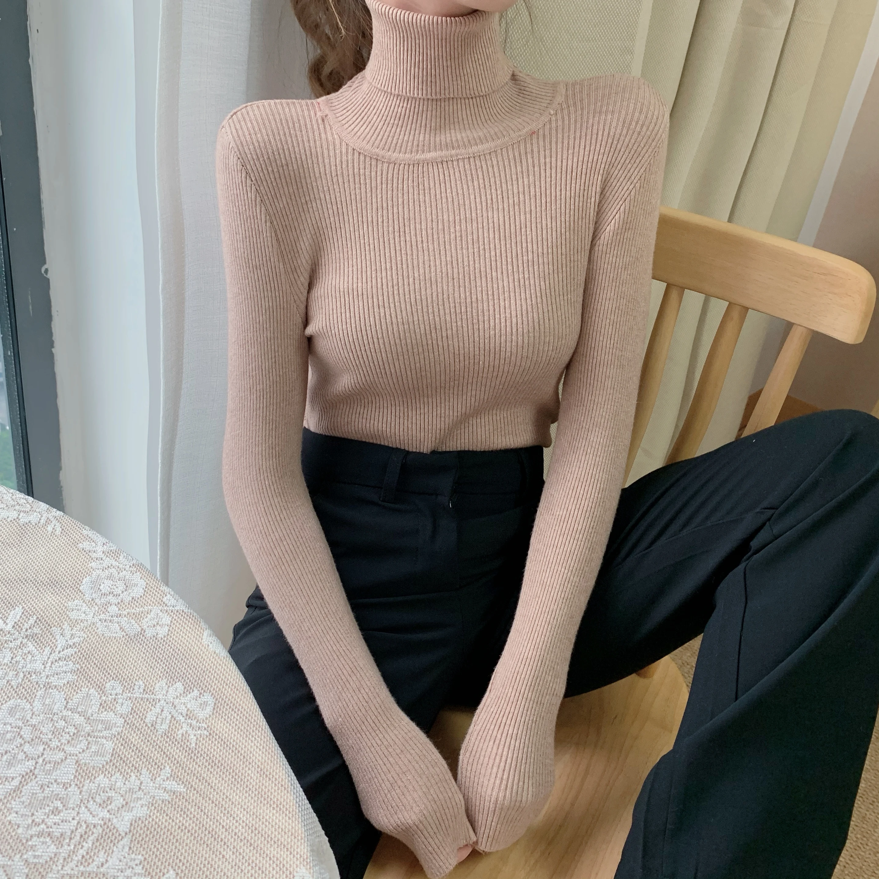 

Slim Sweater Women's 15 Color Solid Casual Long Sleeve Turtleneck Sweater Pullovers Winter Ladies Autumn Knitted Tops Knitwear