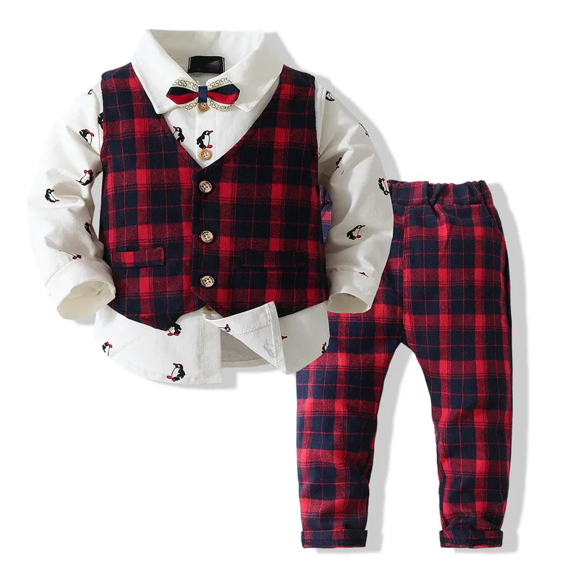 

2022 Autumn And Spring Boys Baby Clothing Sets KIds Gentleman Fashion Suit Jacket Shirt Pants 3 Pcs Set Cartoon Vest T-shirt Top