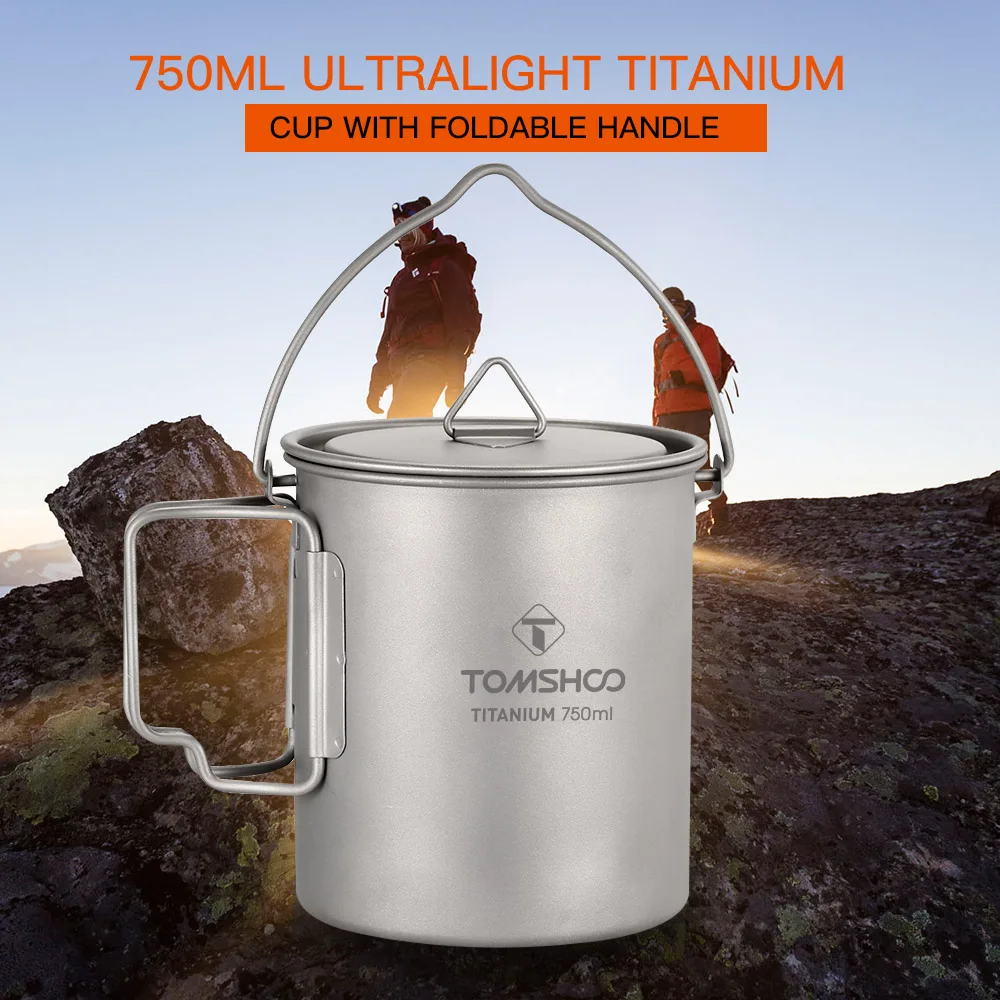 

TOMSHOO 750ml Ultralight Titanium Cup Cookware Outdoor Portable Water Cup Mug Tableware Cooking Pot Titanium Pot Camping Picnic
