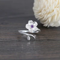 silver color flower cherry blossom finger ring purple zircon ring for women fashion jewelry