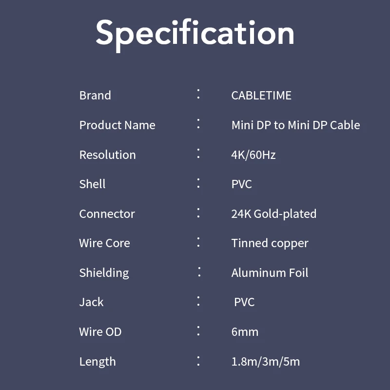 CABLETIME новый высококачественный Мини DP к Displayport Кабель dp адаптер для Macbook/Mac Lenovo Dell 4K
