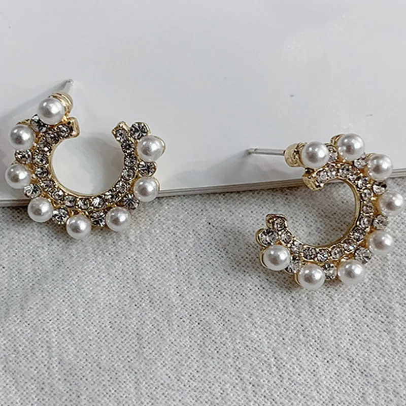 925 серебро Мода Кристалл золото полукруг серьги для женщин Имитация Жемчуга