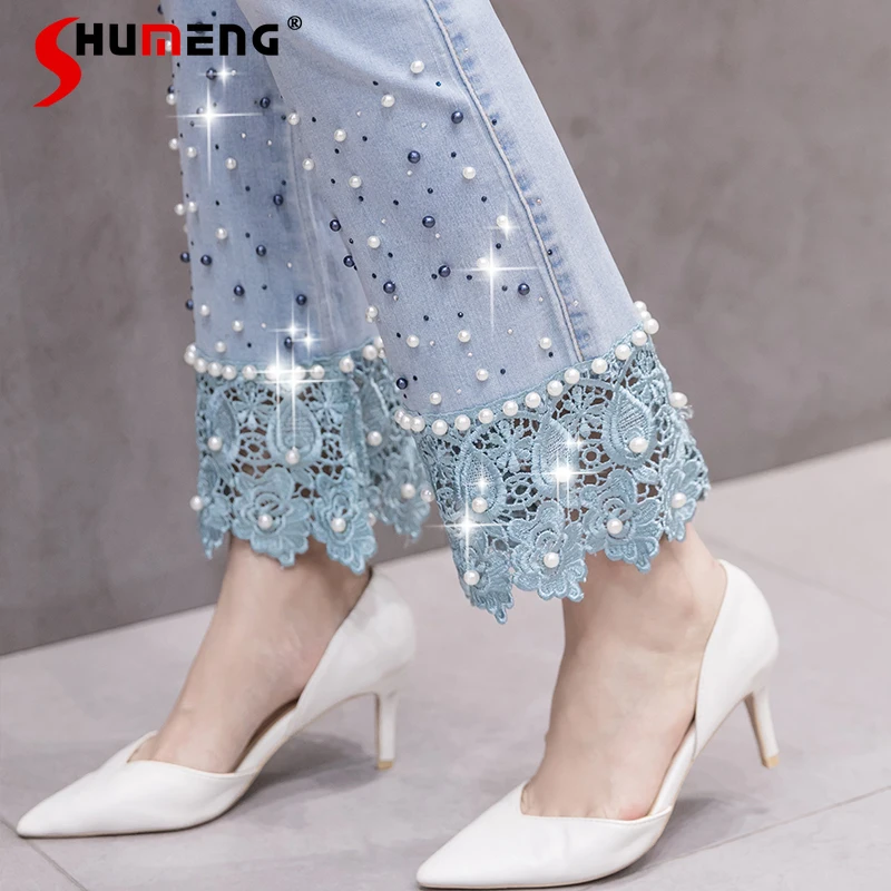 

Hot Blue Bootcut Jeans Woman Spring 2021 Fashion Rhinestone Sequins Lace High Waist Ankle-Length Bell-Bottom Denim Pants Women