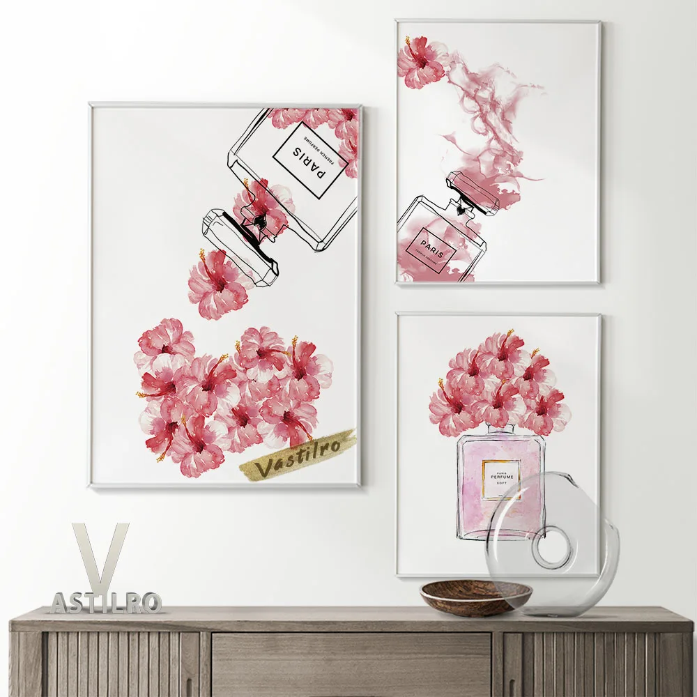 

Pink Flowers Paris Perfume Publicity Advertising Illustration Poster Prints Canvas Painting Perfume Shop Minimalist Wall Decor