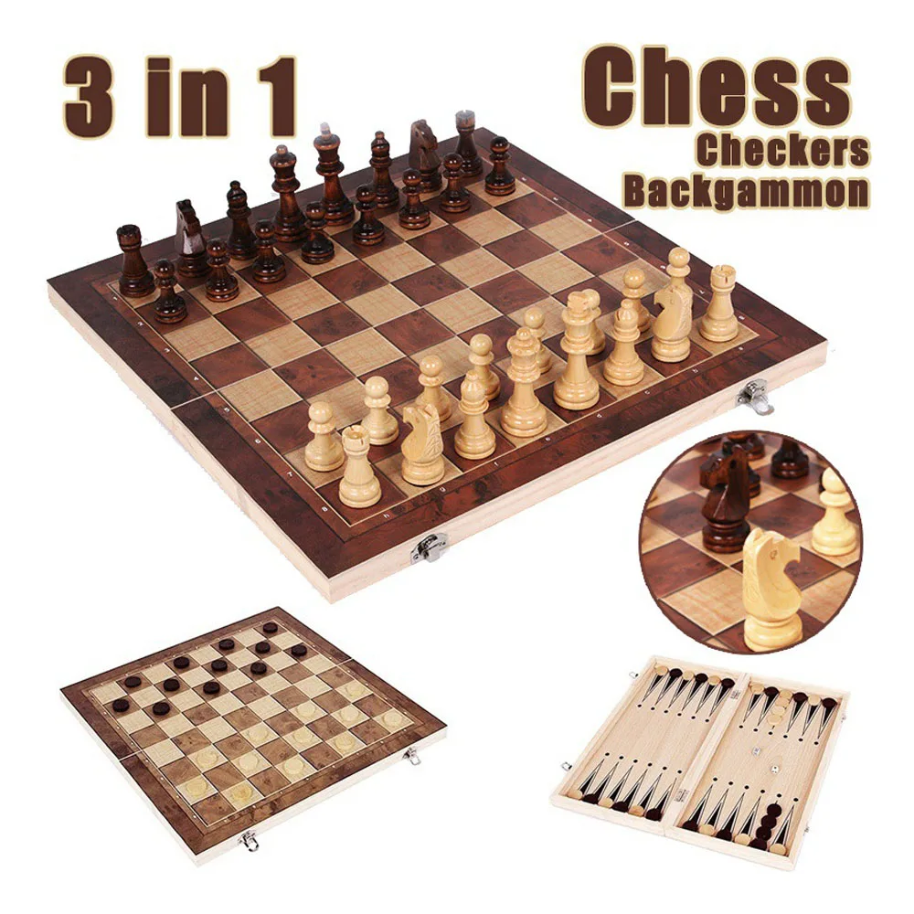 

Folding Wooden Three-in-one Suit Chess Board Wood Chess Checkers Suit Backgammon Set Chess Board Children Table Game