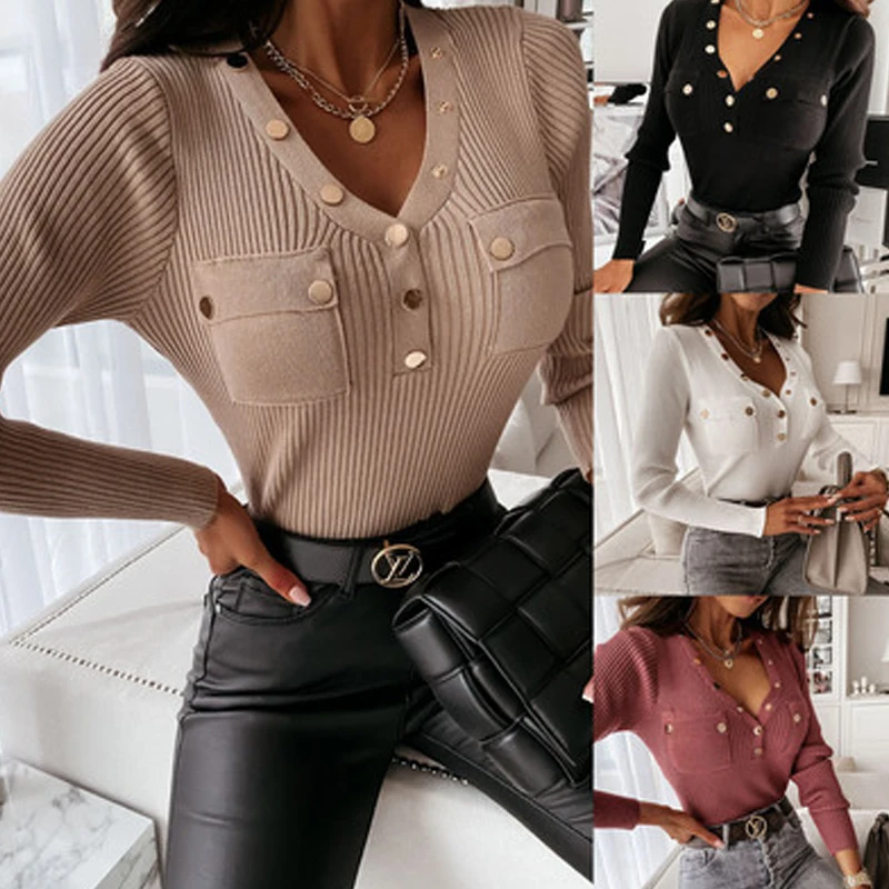 

2020 Autumn New Fashion Sexy Pocket Metal Buckle Decorative Bottoming Shirt V Neck Long Sleeve Hot Selling Top