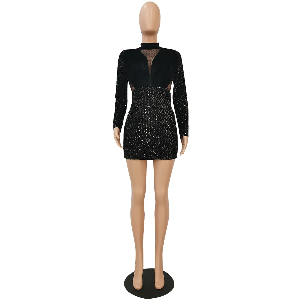 

Mini Sexy Dresses Woman Party Night Sheer See Mesh Splice Polka Dot Bodycon Short Dress Long Sleeve Slim Black Sequined Dress