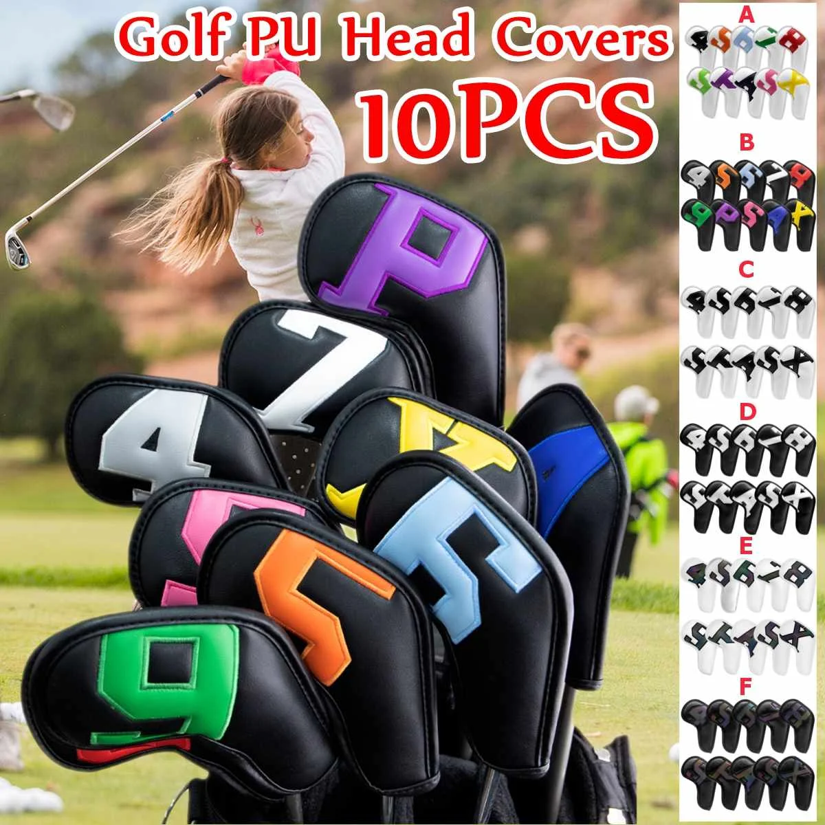 

10Pcs Golf Club Head PU Covers Iron Golf Putter Protective Head Cover Golf Putter Headcover Set Outdoor Sports Golf Accessories