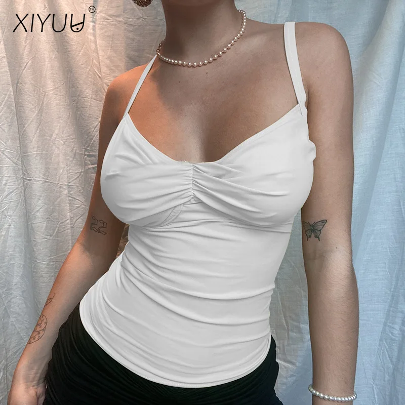 

XIYUU Women Fashion Solid Color Camisole Summer Sexy Pleated Bandage Exposed Navel Top Sexy Suspenders Crop Top