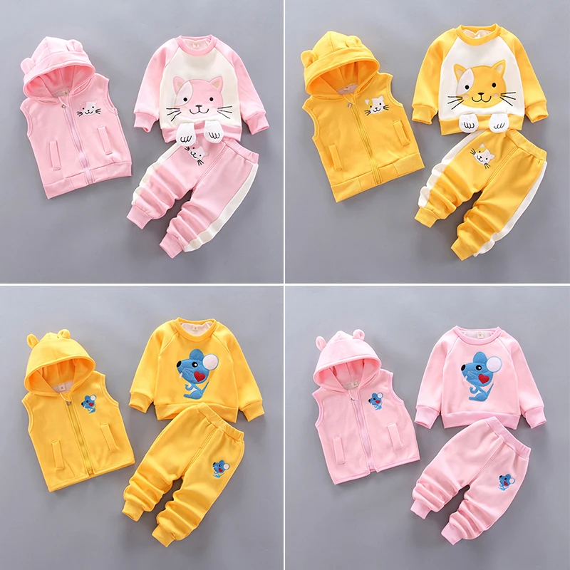 

Cute Cat Baby Girls Clothing Set Autumn Cartoon Mouse Velvet Coat + Zipper Vest + Pants Boys Suit Kids Clothes 1 2 3 4 Years Old
