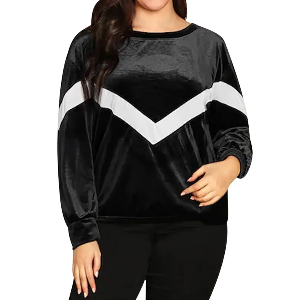 Женский бархатный Свитшот размера плюс в полоску с круглым вырезом Повседневный