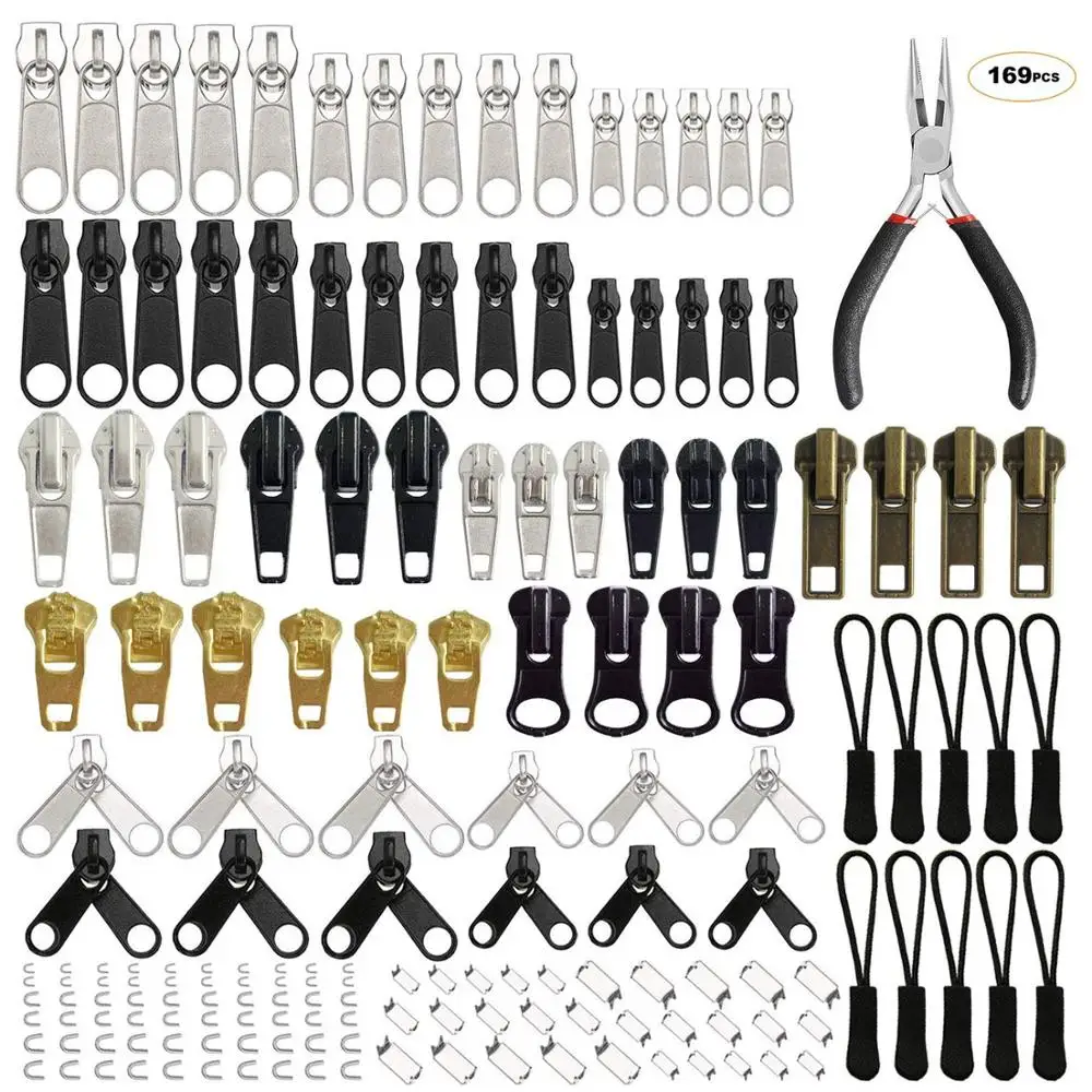 169 Pcs Zipper Repair Kit Replacement Pull Rescue with Install Pliers Tool &amp Extension Pulls for Clothing Jackets | Дом и сад