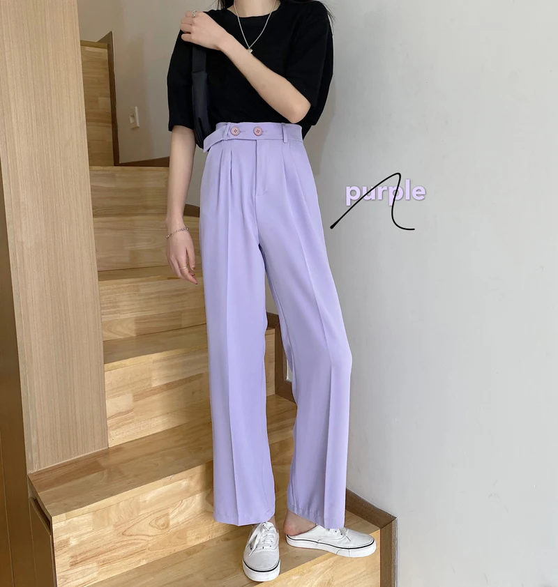 

REALEFT Spring 2020 New Korean OL Style Purple Women Loose Long Pants Sashes High Waist Office Lady Wide Leg Chic Pants Female
