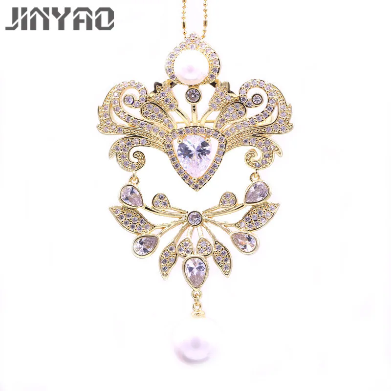 JINYAO винтажная Цветочная жемчужина и ААА кубический циркон брошь золотистого цвета на булавке/Подвеска для женщин универсальная Ювелирная брошь на булавке для платья