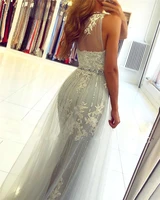 Sexy Illusion Lace High Slit Prom Dresses Long Robe de Soiree Charming Tulle Back A Line Evening Party Dresses With Belt