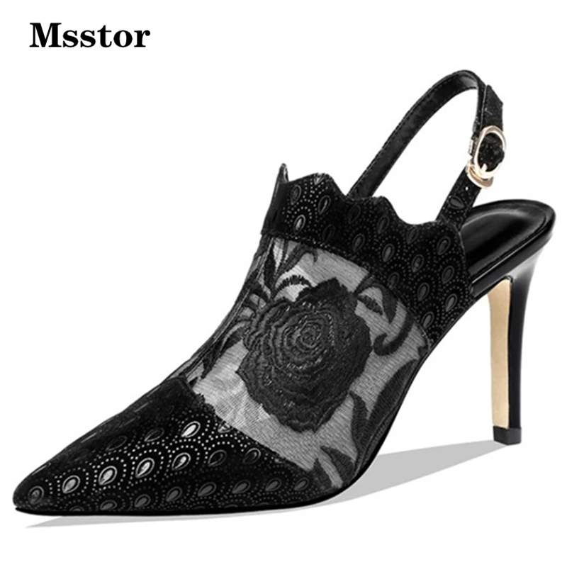 С вышивкой Пикантные туфли на высоком каблуке с ремешком и пряжкой острым носком