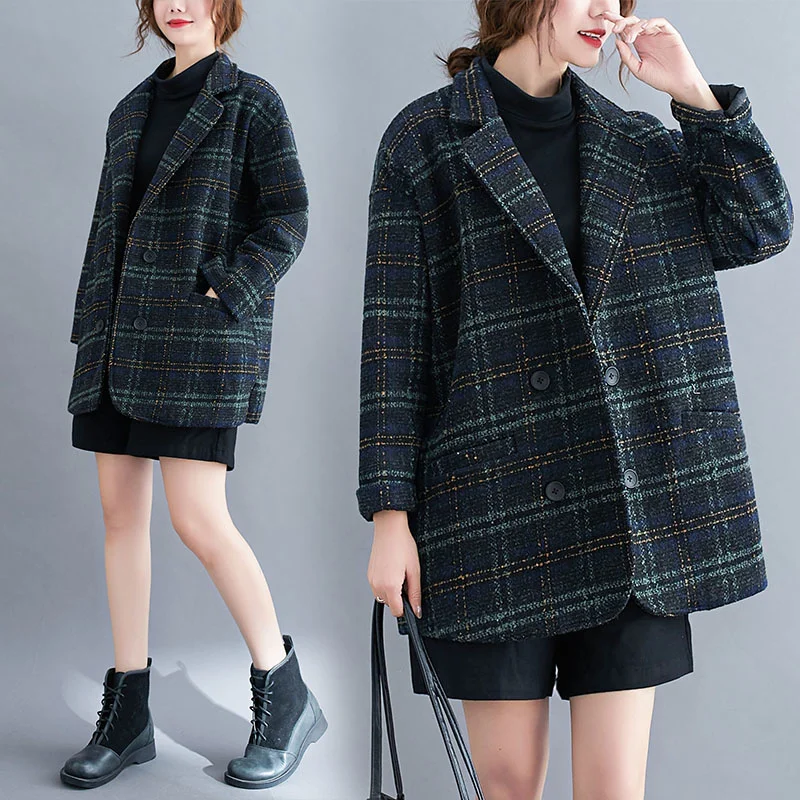 

CMAZ 2021 Autumn Winter Thick Coats for Women Autumn and Winter Clothing Art Retro Plaid Suit Collar Woolen Coat Women's Mid-Len