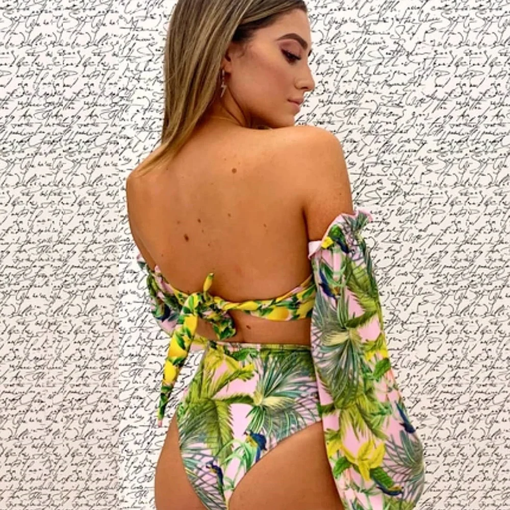 

Long Sleeve Bikini 2021 Print Swimsuit High Waist Swimwear Women Sexy Bikinis Mesh Sleeves Swim Suit Plus Size Bathing Suit