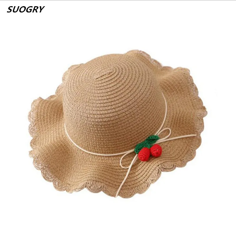 

SUOGRY Girl Hat Summer Cap Breathable Straw Hats Cute Cheery Pattern Sweet Princess Hat Seaside With Bag Kids Hats 2-6Y