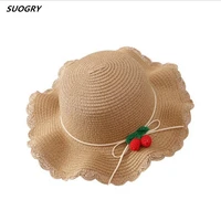 suogry girl hat summer cap breathable straw hats cute cheery pattern sweet princess hat seaside with bag kids hats 2 6y