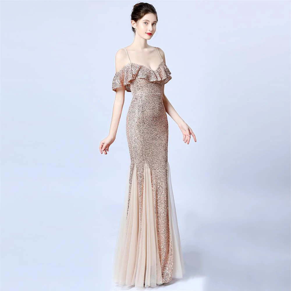 Женское вечернее платье с листьями лотоса длинное платье-Русалка блестками для
