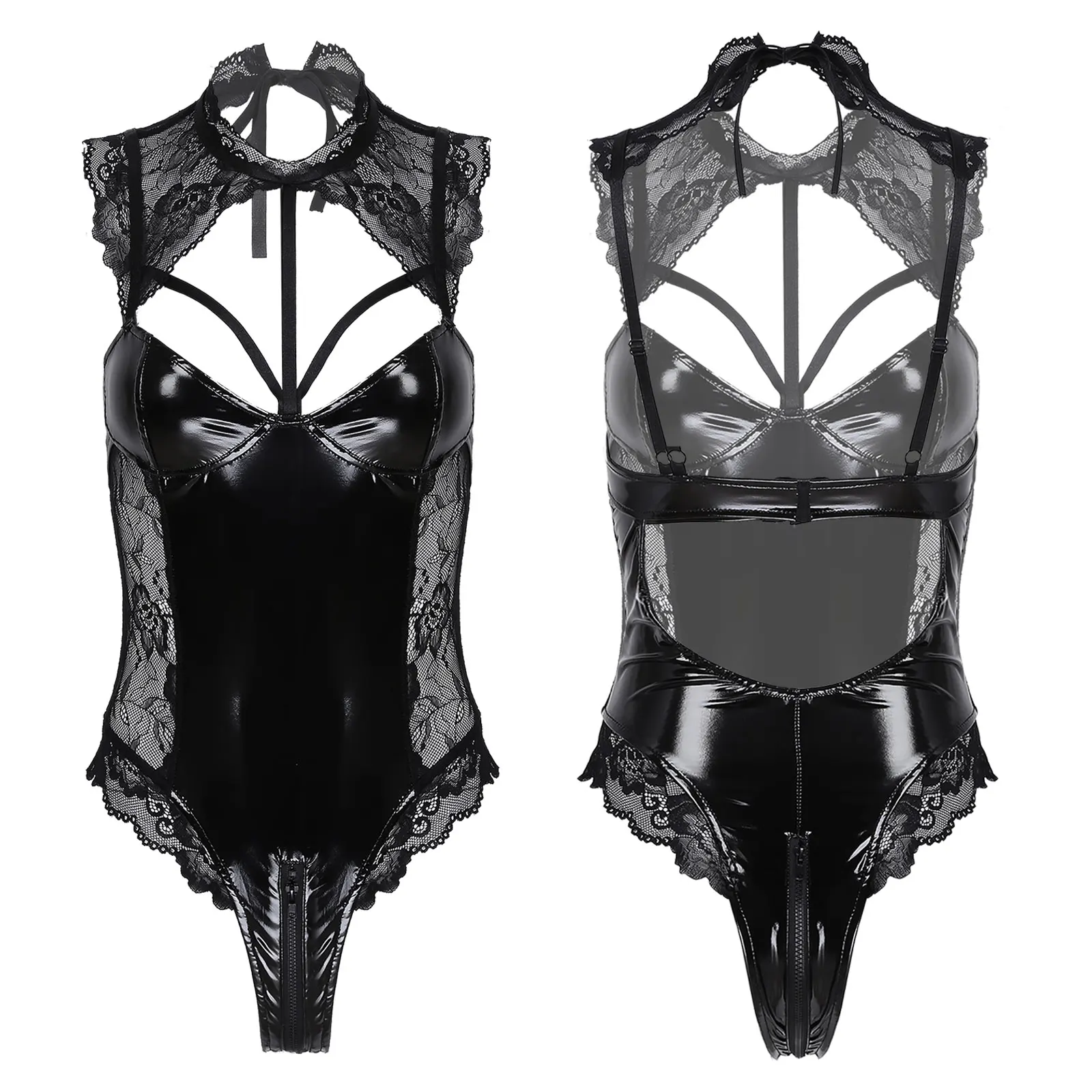 

Womens Adult Body Latex Bodycon Costumes Clubwear Lace-up Hater Patent Leather Lingerie Lace Splice One-piece Fetish Teddies